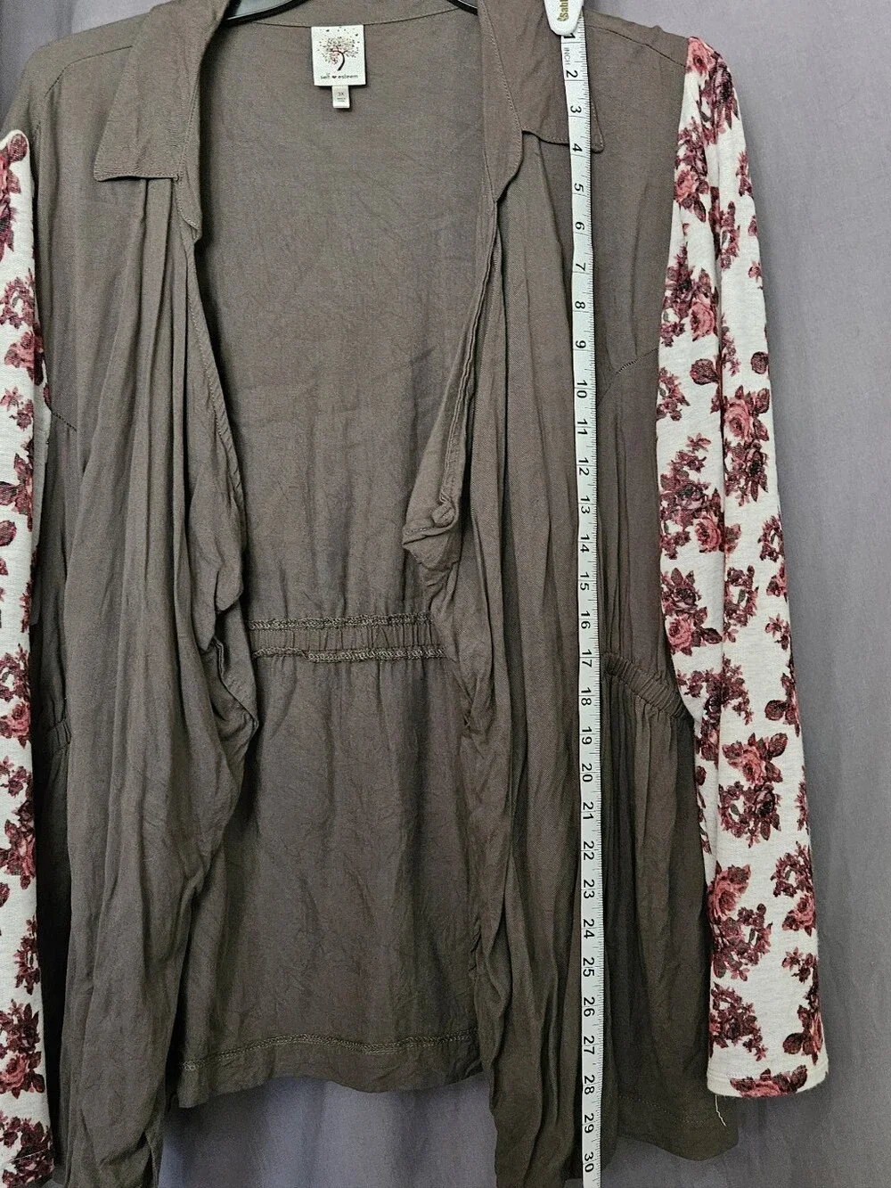 Self Esteem Taupe Open-Front Dress Jacket with Rose Floral Sleeves